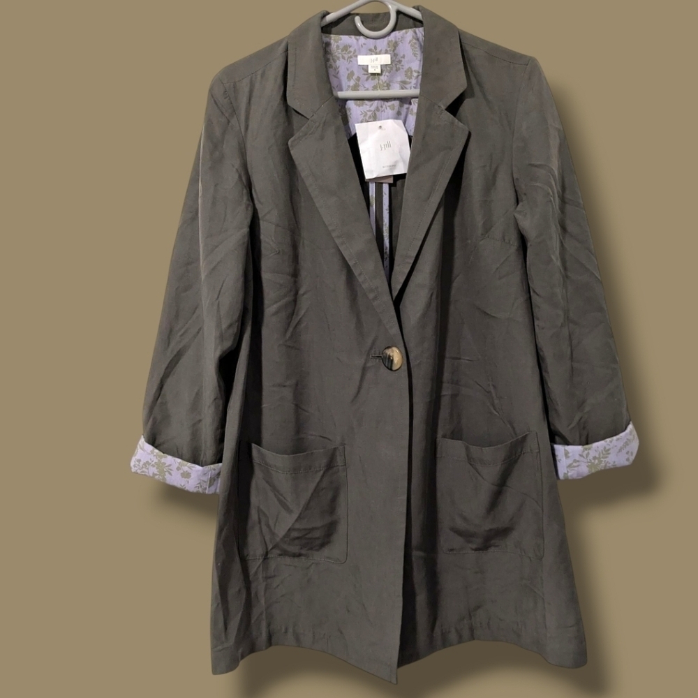 J. Jill Olive Purple Floral Soft Twill Pocket Single Button Relaxed Blazer M